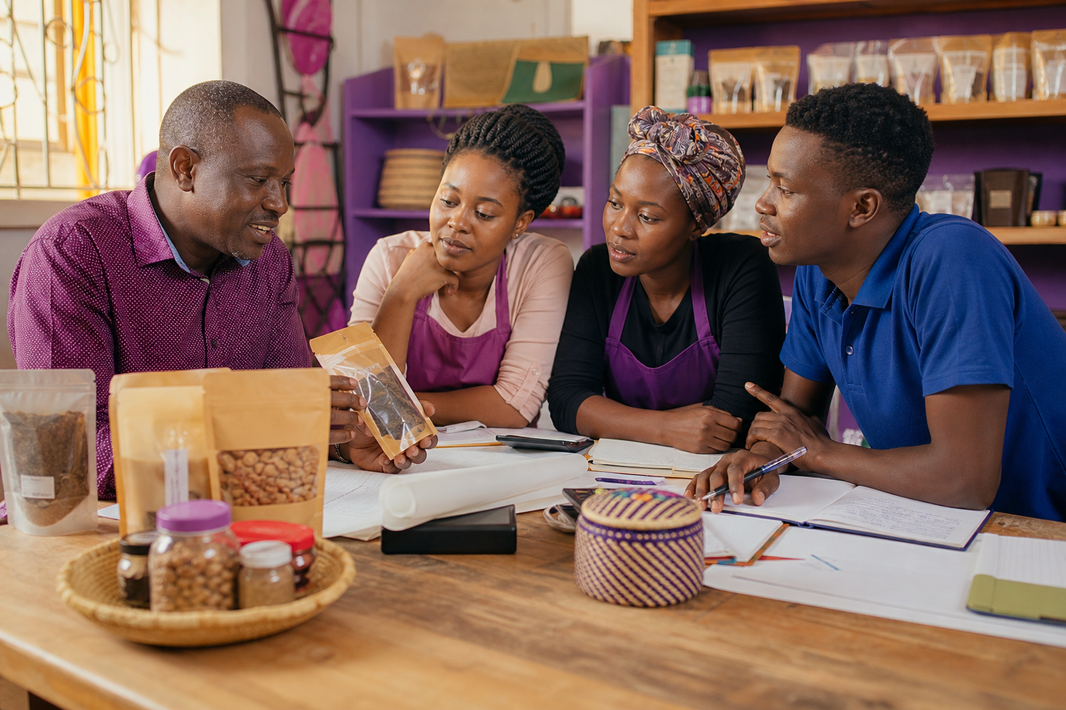 Ugandan entrepreneurs working with a business mentor