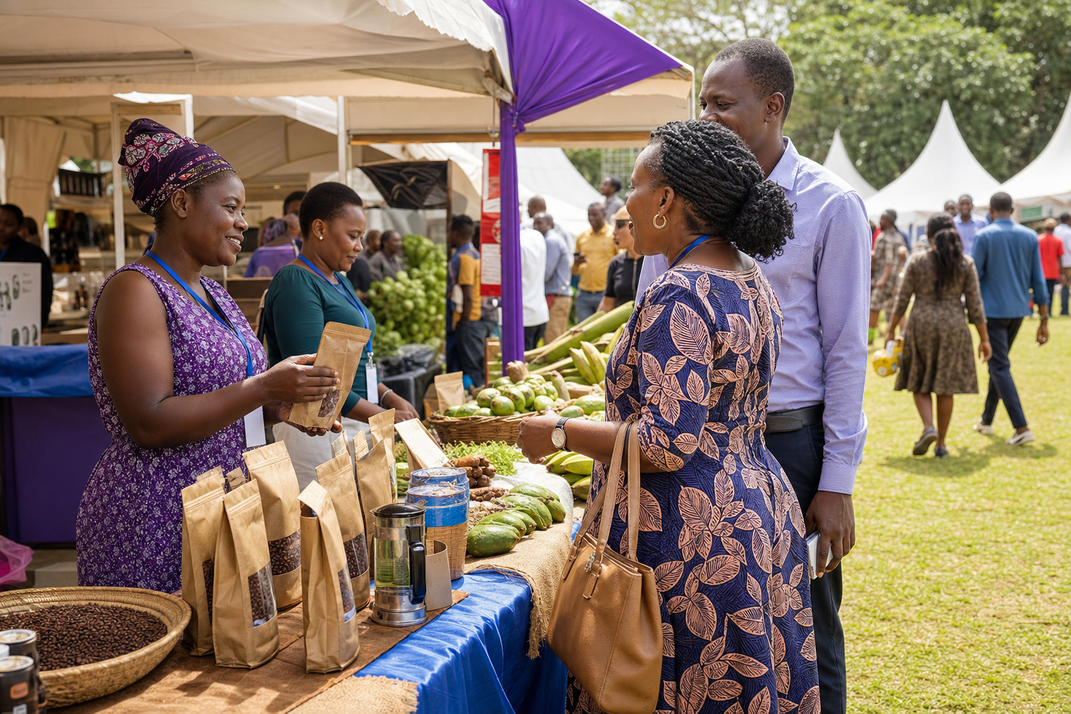 Agribusiness exhibitors meeting buyers at an outdoor trade fair